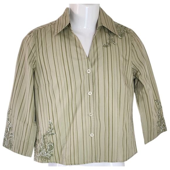 Christopher & Banks Green striped embroidered Buttoned Up Blouse W Size Small - Picture 1 of 10